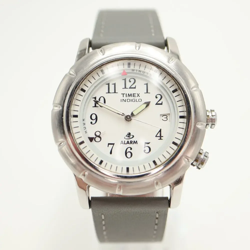 Timex Shenmue Alarm Silver Tone 39mm Watch Indiglo Gray Leather w New Battery